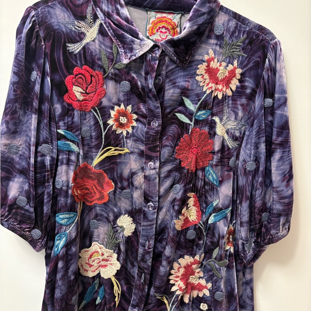 Johnny Was Purple Floral velvet Embroidered Button Down Shirt